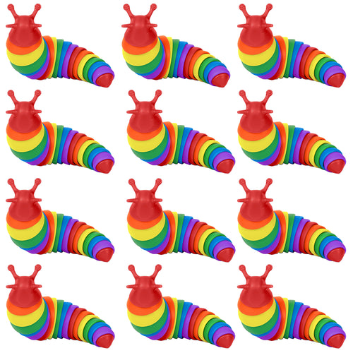 12 colorful mini silicone fidget slugs in assorted textures for anxiety relief and party favors.