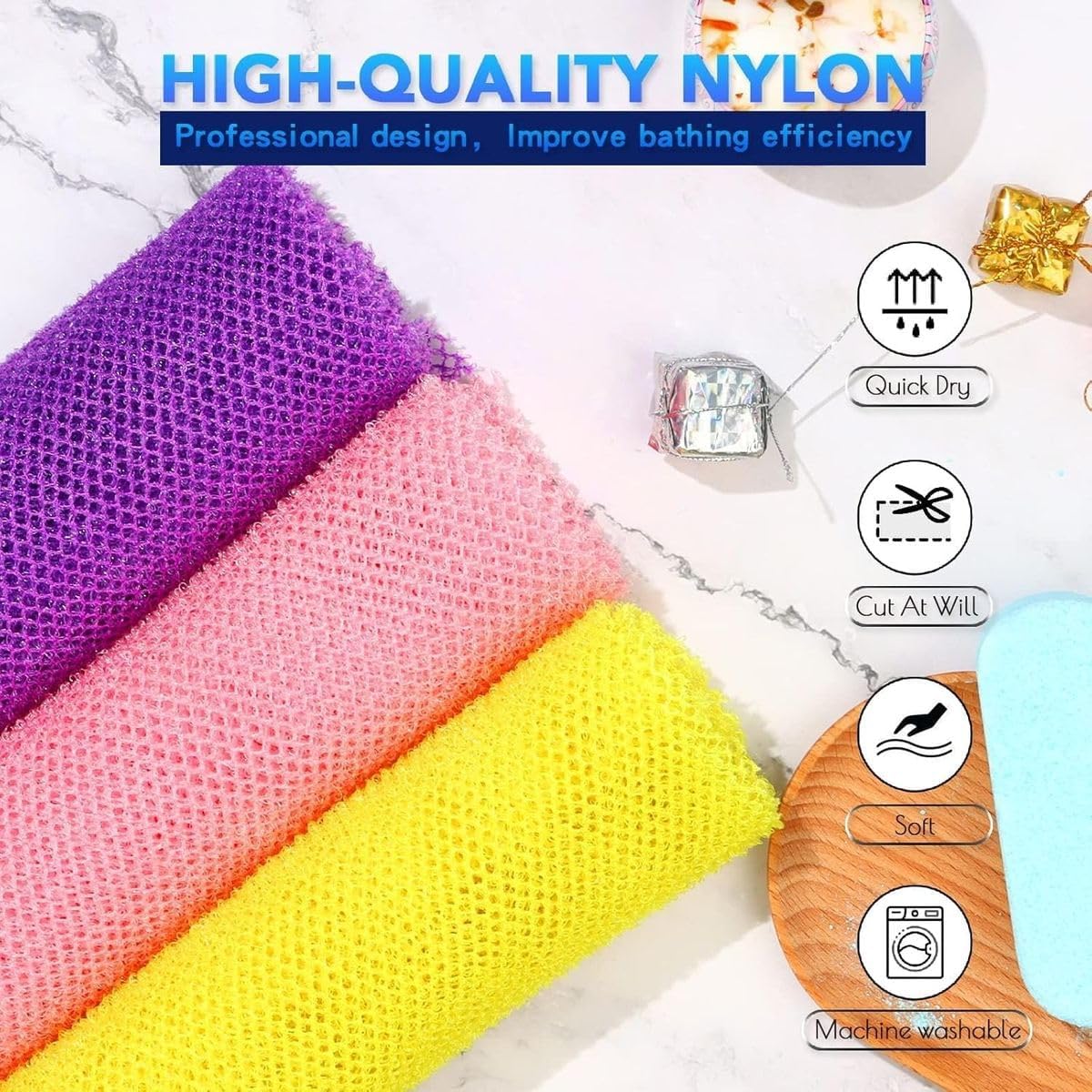 Cart In Mart African Net Bath Sponge Exfoliating Long Nylon Scrubbing Net Quick Dry - 3 Pieces