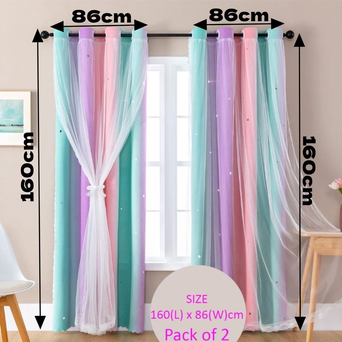 Cart In Mart 2 Panels Girls Bedroom Curtains Rainbow Blackout Curtains with Sheer