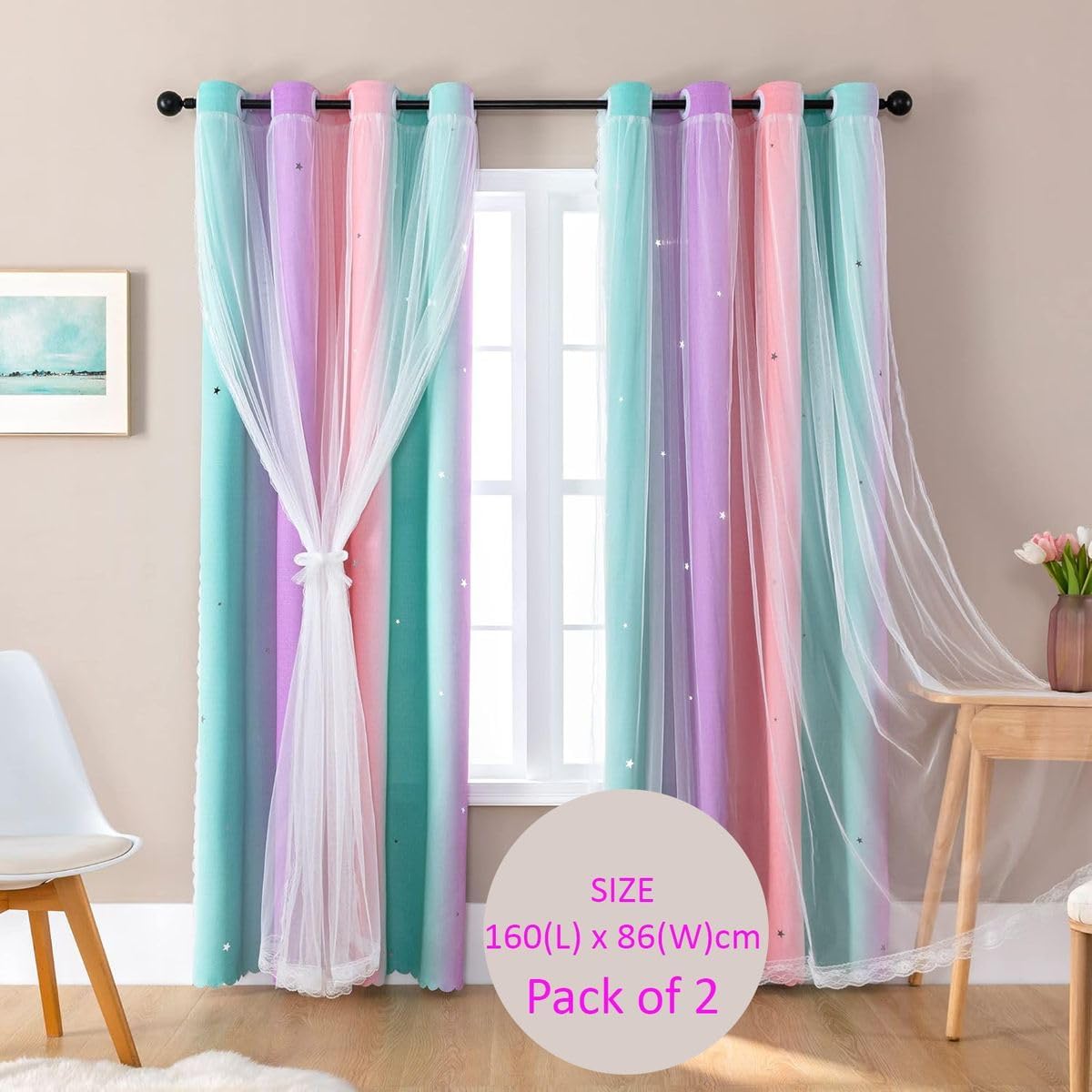 Cart In Mart 2 Panels Girls Bedroom Curtains Rainbow Blackout Curtains with Sheer