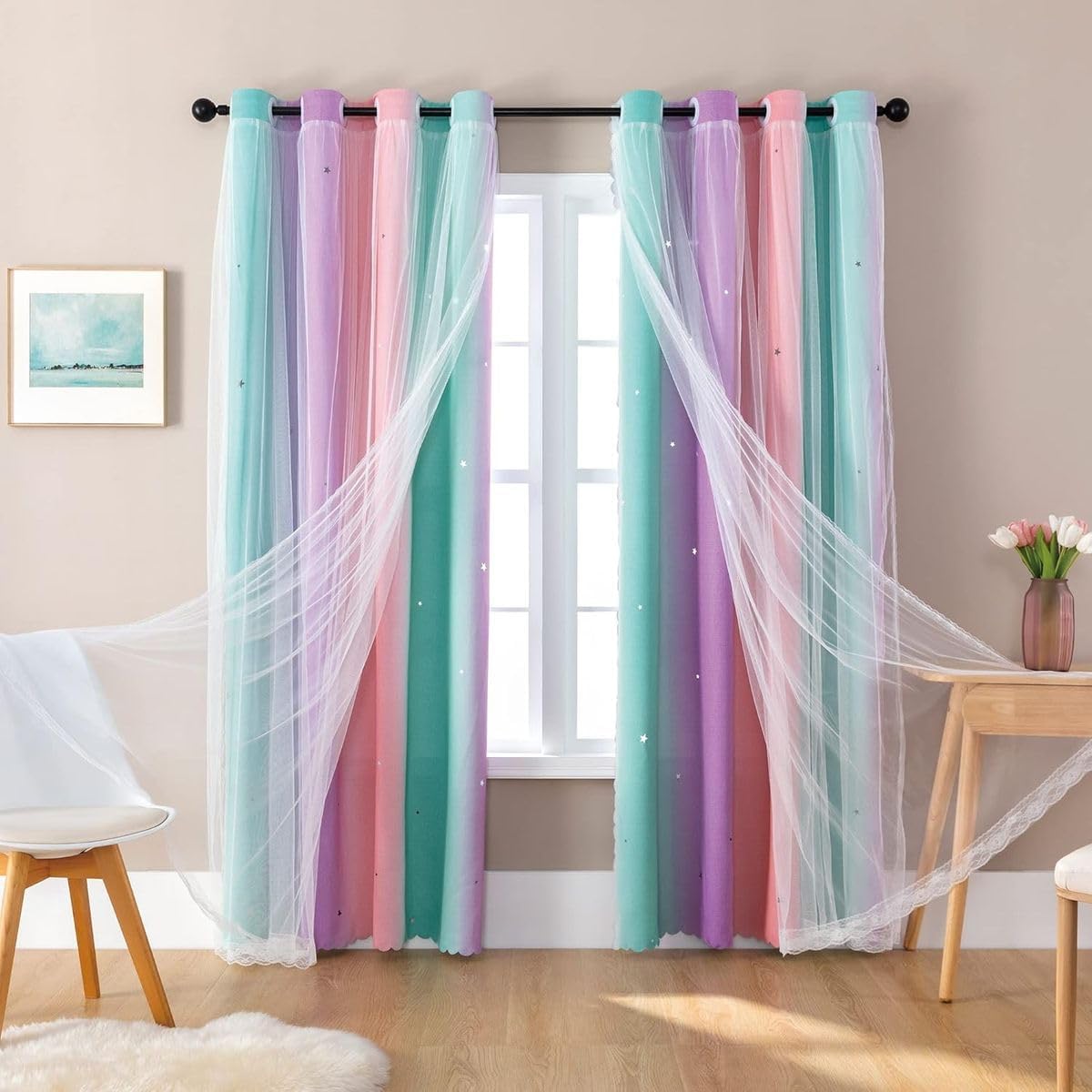 Cart In Mart 2 Panels Girls Bedroom Curtains Rainbow Blackout Curtains with Sheer