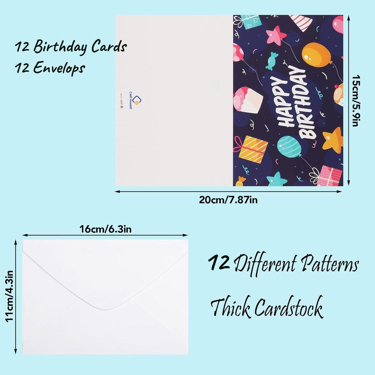 Cart In Mart 12PCS Bulk Birthday Cards with Envelopes Assorted Blank Greeting Cards