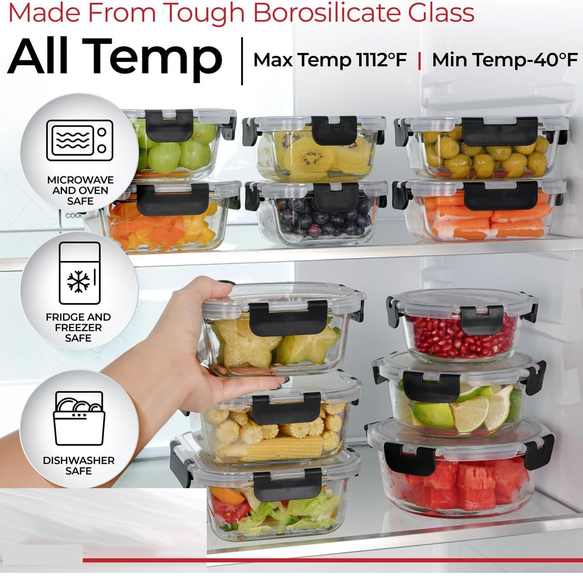 Cart In Mart 12Pack Glass Food Storage Meal Prep Containers Airtight Leak Proof Lids