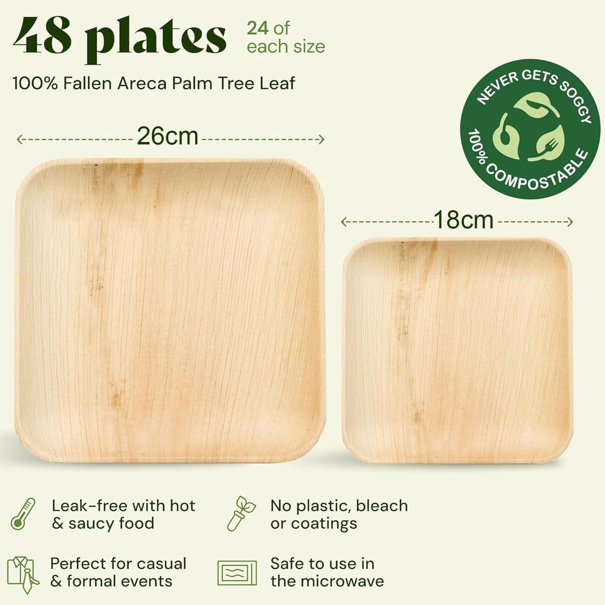 Cart In Mart 48-Palm Leaf Disposable Party Plates Compostable Biodegradable Eco Friendly