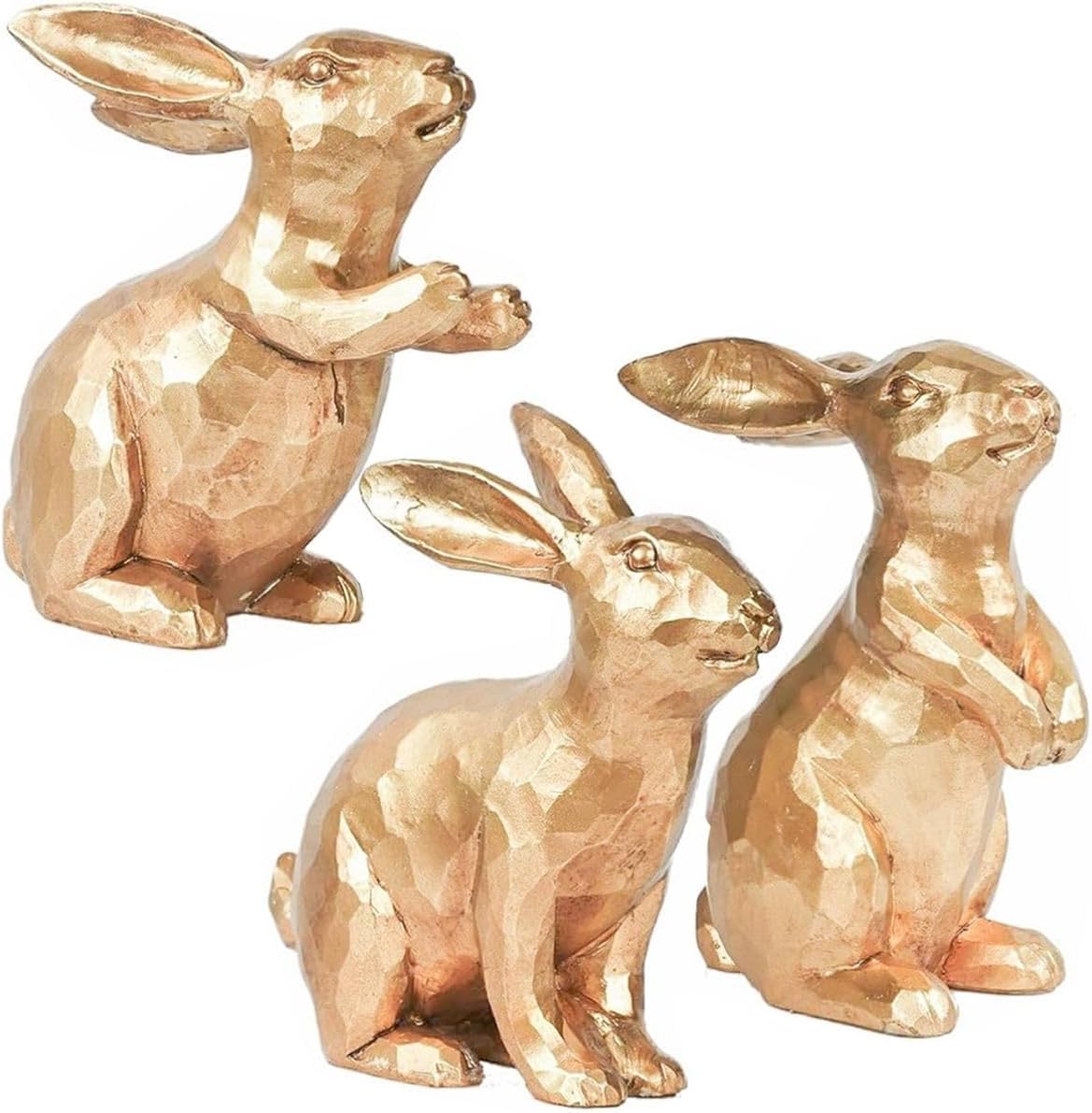 Cart In Mart 3 Piece Resin Vintage Gold Bunny Decor Figurines Set Easter Rabbit Statues