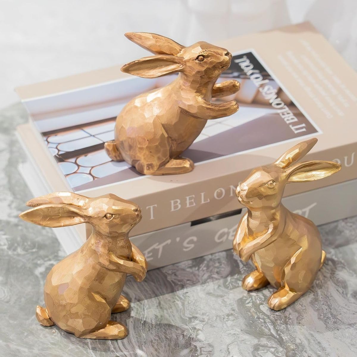Cart In Mart 3 Piece Resin Vintage Gold Bunny Decor Figurines Set Easter Rabbit Statues