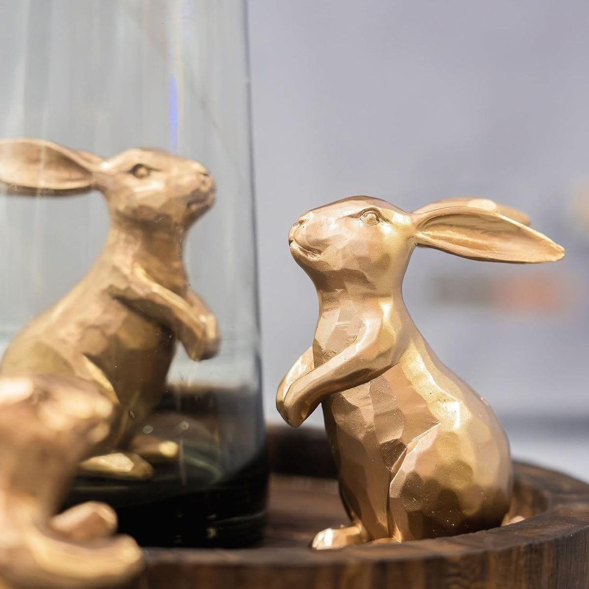 Cart In Mart 3 Piece Resin Vintage Gold Bunny Decor Figurines Set Easter Rabbit Statues