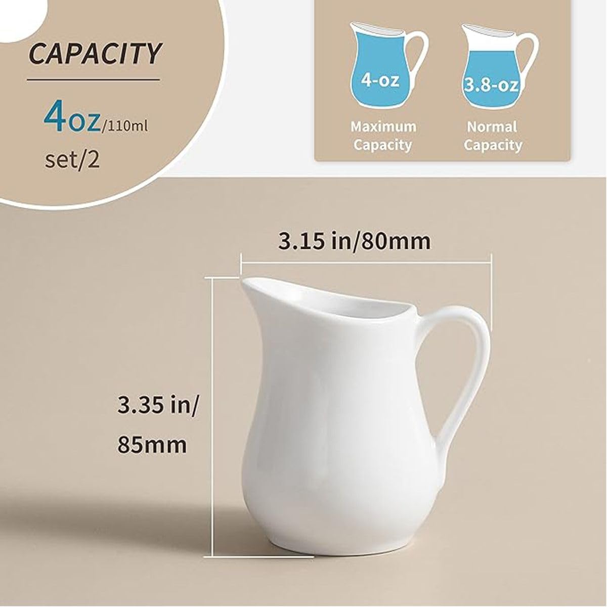 Cart In Mart 2Pack Classic White Ceramic Creamer Pitcher with Handle Fine Porcelain Jug