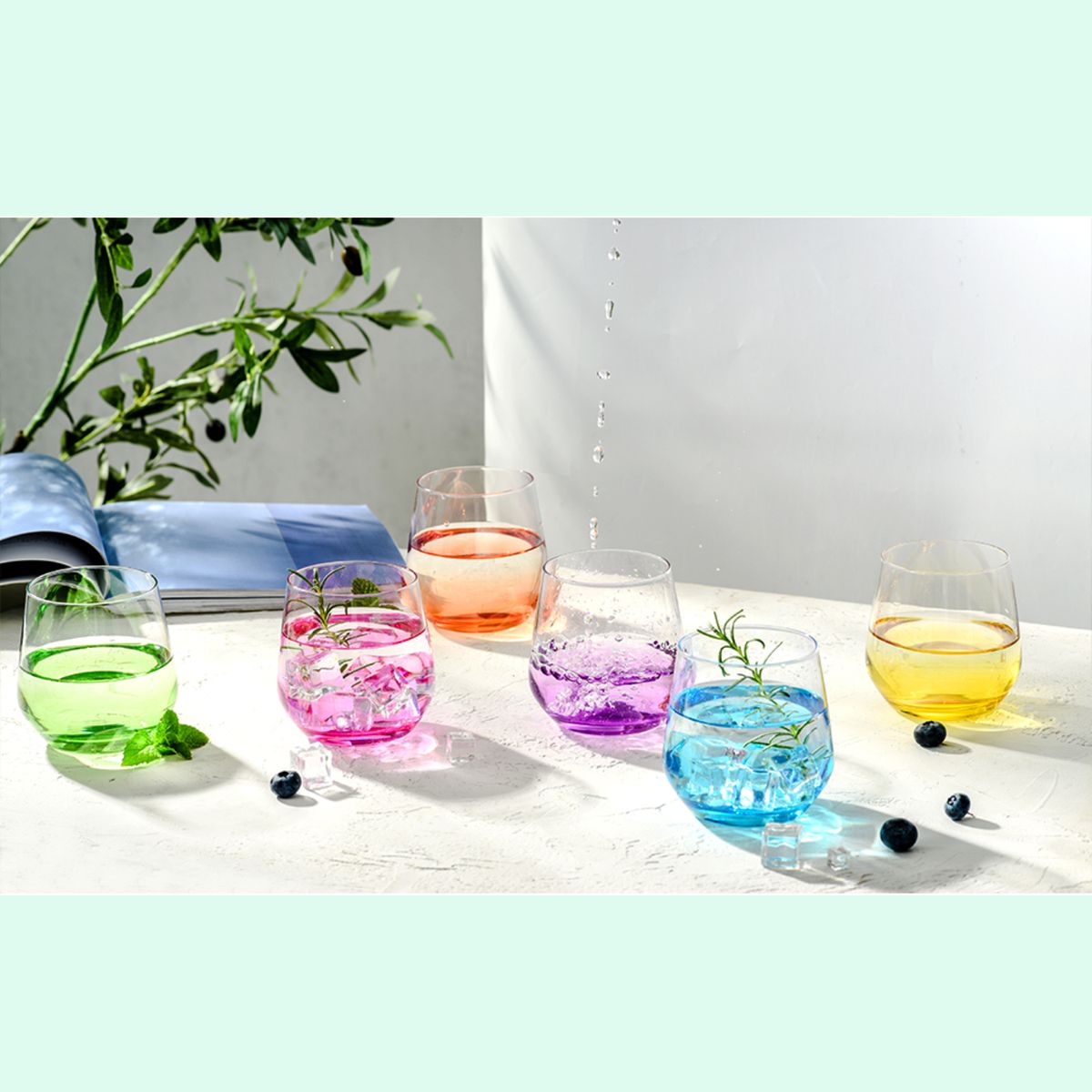 Cart In Mart Stemless Wine Glasses Set of 6 Coloured Wine Tumblers Crystal Glassware