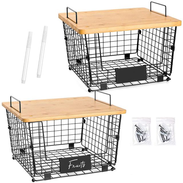 Cart In Mart 2x Metal Kitchen Counter Baskets -Organiser- Bamboo Top Pantry Storage Bins