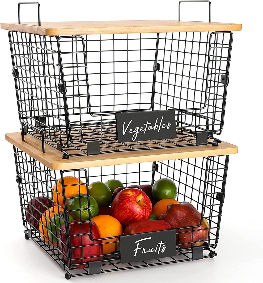 Cart In Mart 2x Metal Kitchen Counter Baskets -Organiser- Bamboo Top Pantry Storage Bins