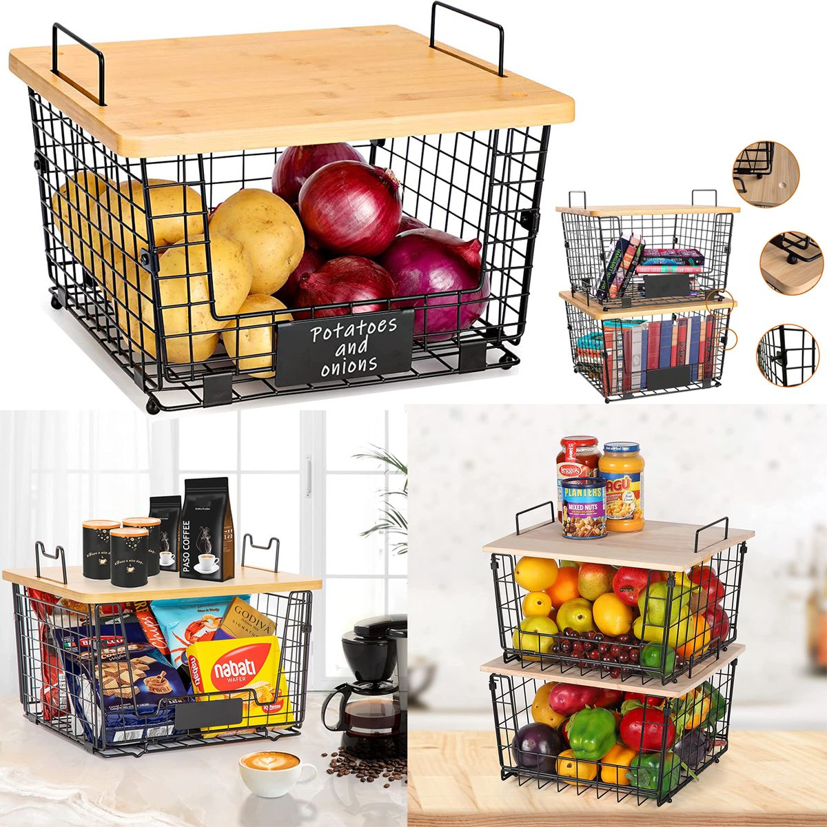 Cart In Mart 2x Metal Kitchen Counter Baskets -Organiser- Bamboo Top Pantry Storage Bins