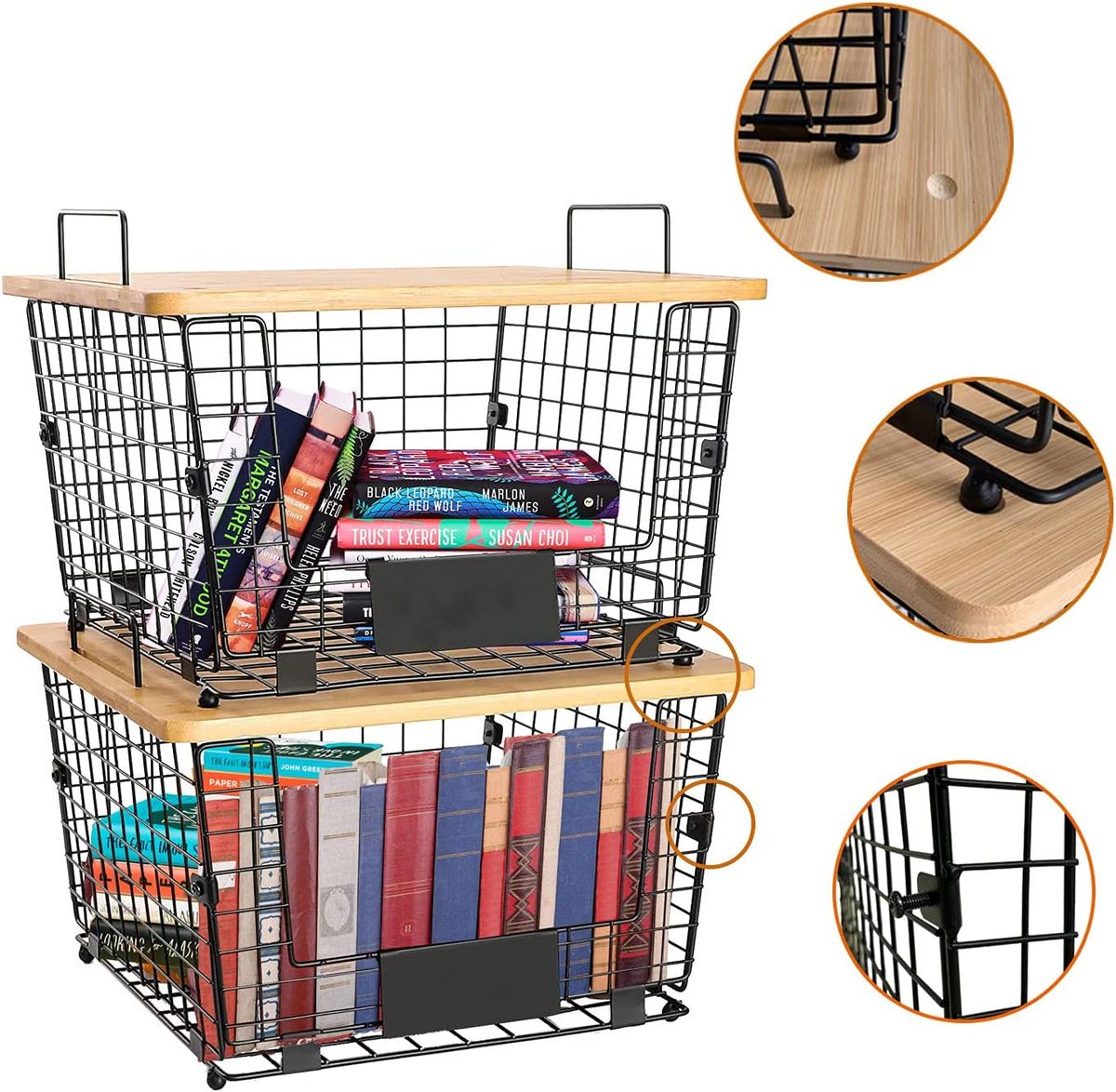 Cart In Mart 2x Metal Kitchen Counter Baskets -Organiser- Bamboo Top Pantry Storage Bins