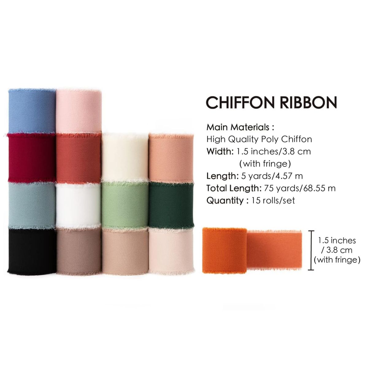 Cart In Mart Chiffon Silk Ribbon Set 15Rolls Total Mixed Colour Frayed Ribbons Gift Wrap