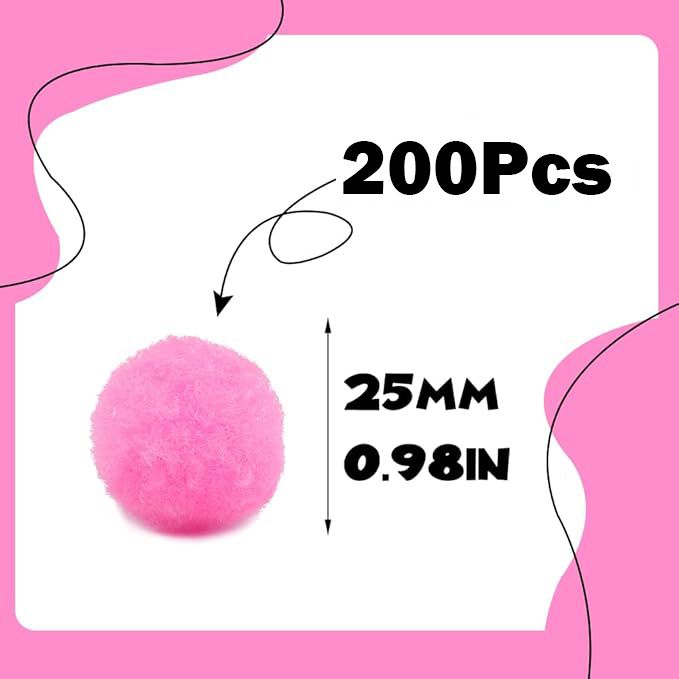 Cart In Mart 200Pcs Craft Pom Poms 1 Inch Fuzzy Pompom Balls DIY Arts Party Decorations - Pink