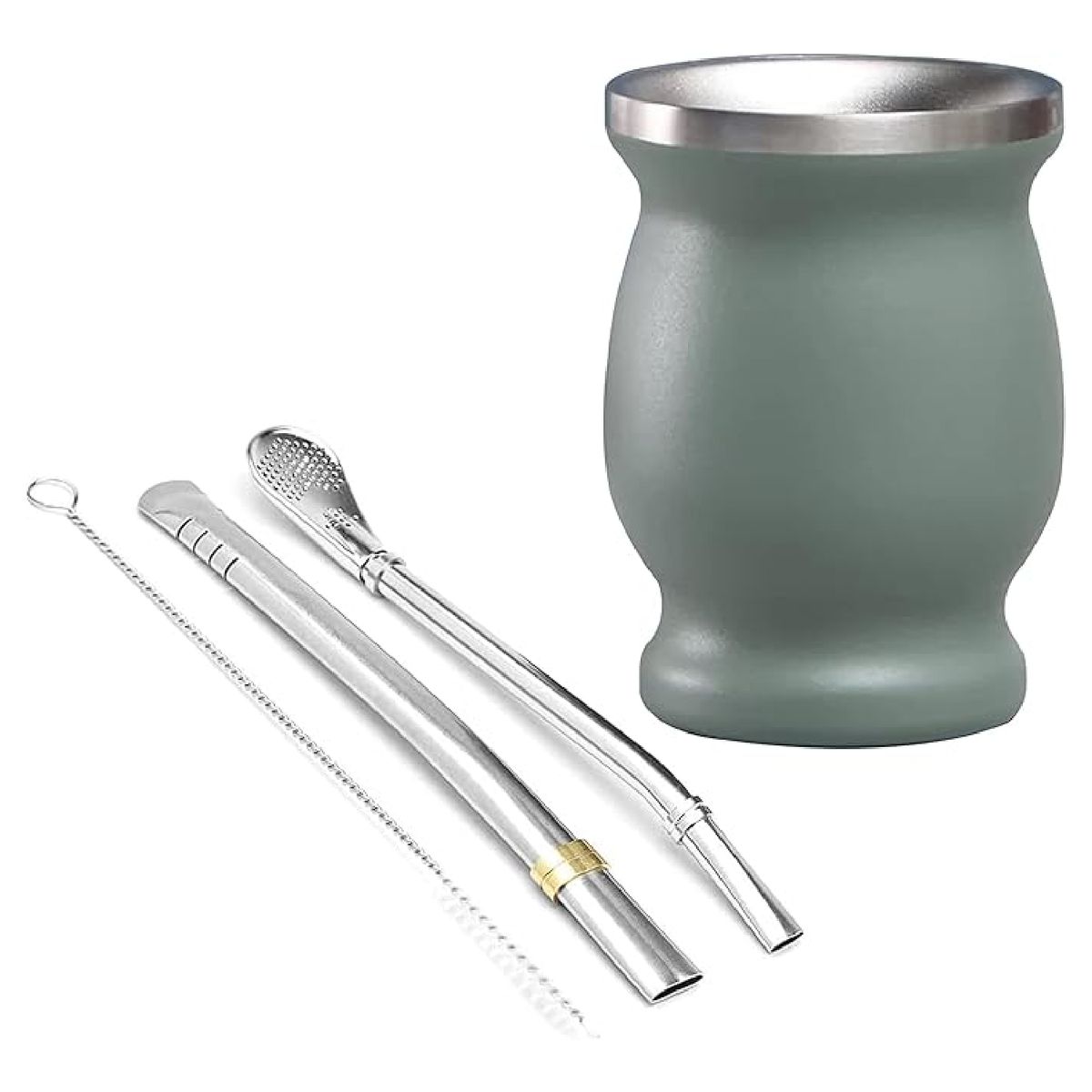 Cart In Mart Yerba Mate Cup Set - Double Wall Stainless Steel with 2 Bombilla Brush - Green
