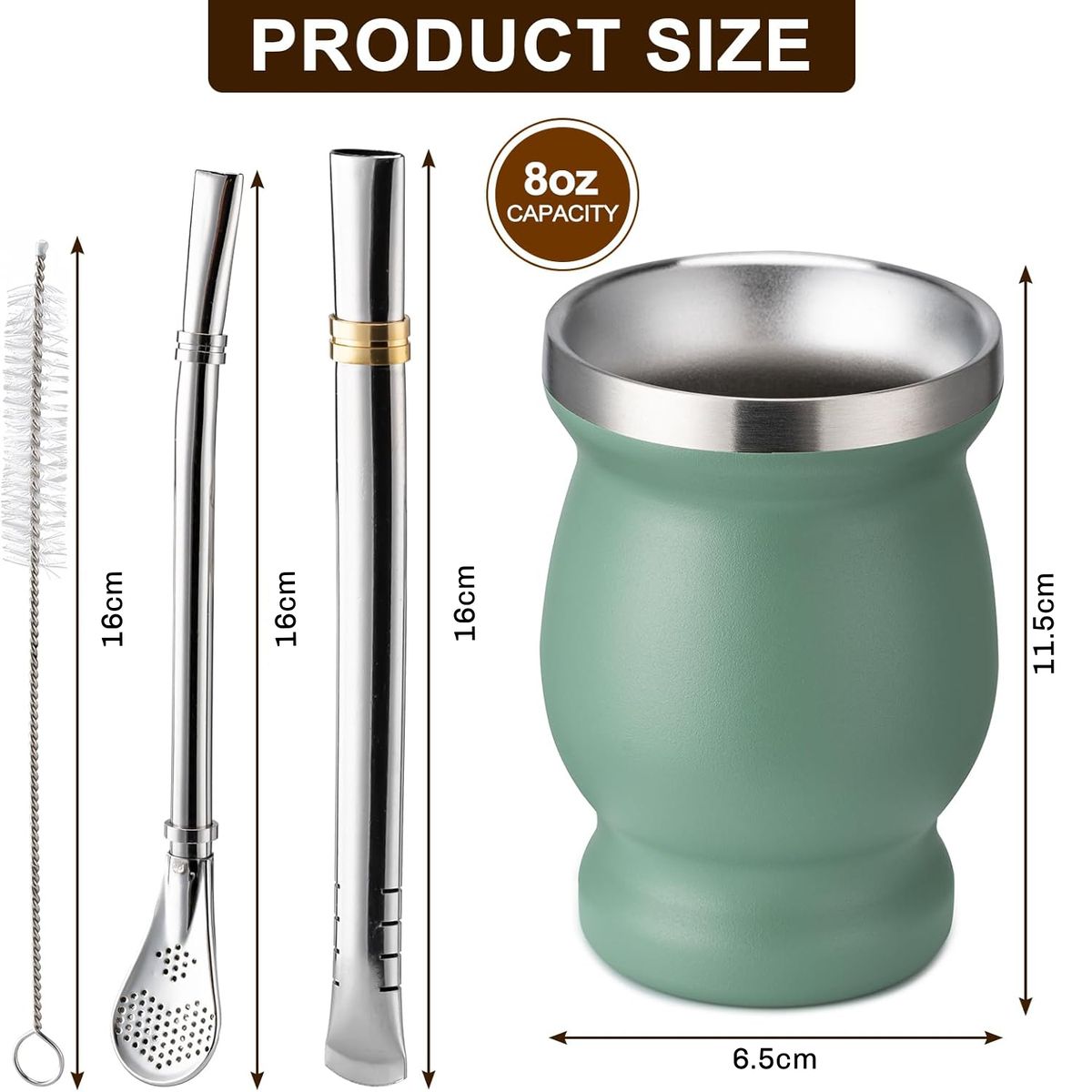 Cart In Mart Yerba Mate Cup Set - Double Wall Stainless Steel with 2 Bombilla Brush - Green