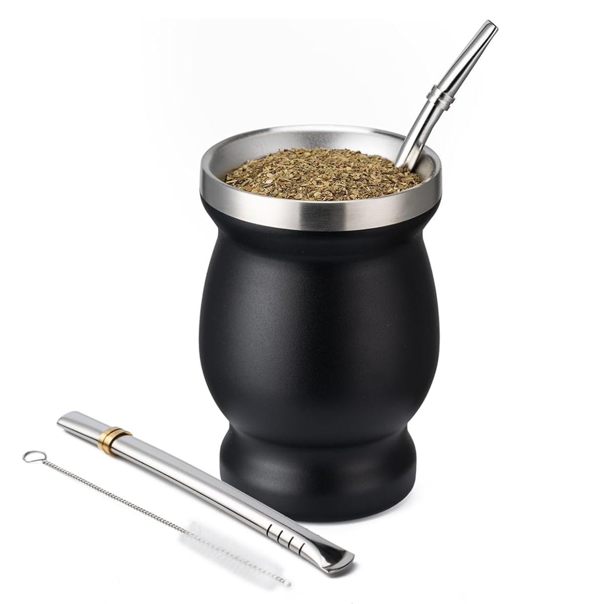 Cart In Mart Yerba Mate Cup Set - Double Wall Stainless Steel with 2 Bombilla Brush - Black