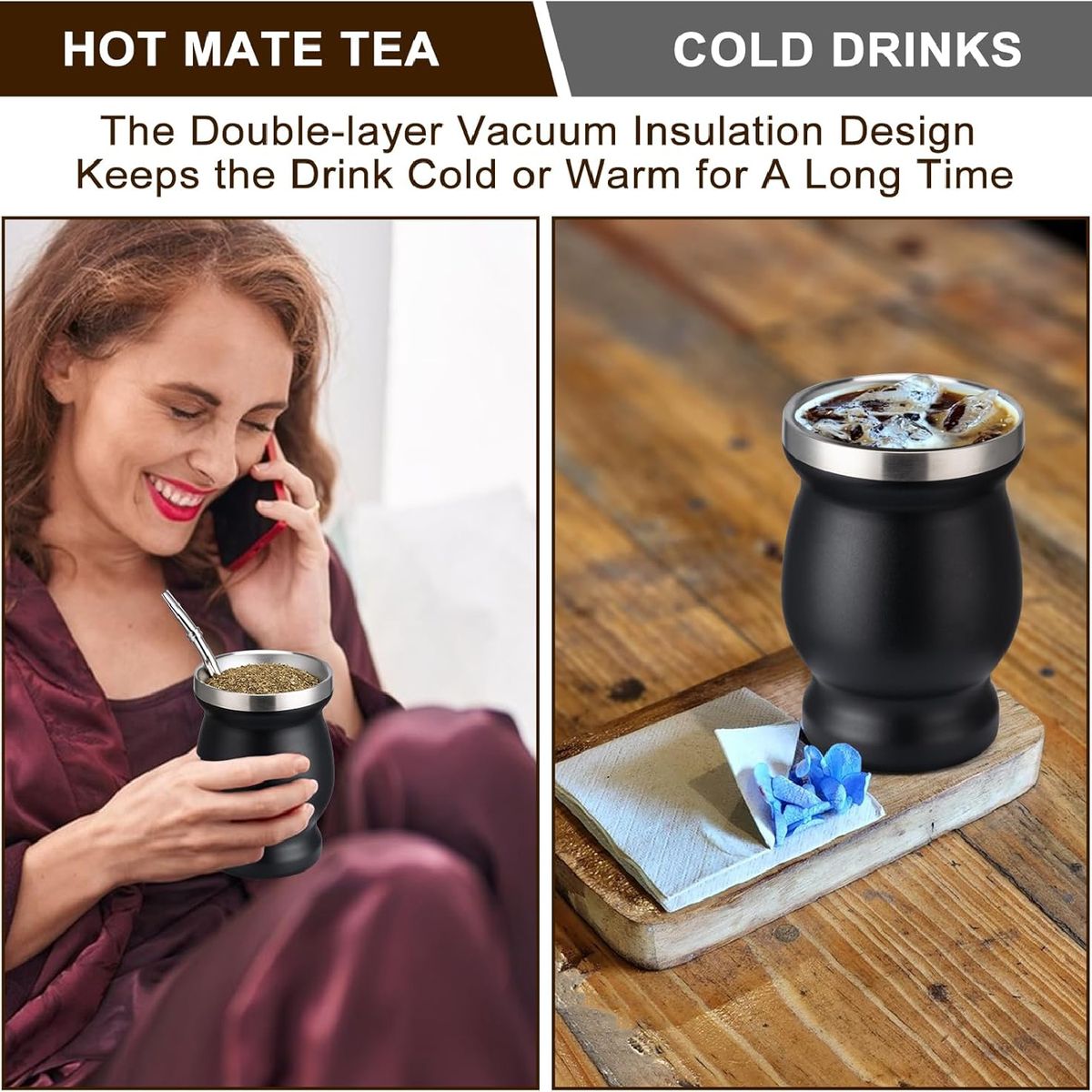 Cart In Mart Yerba Mate Cup Set - Double Wall Stainless Steel with 2 Bombilla Brush - Black