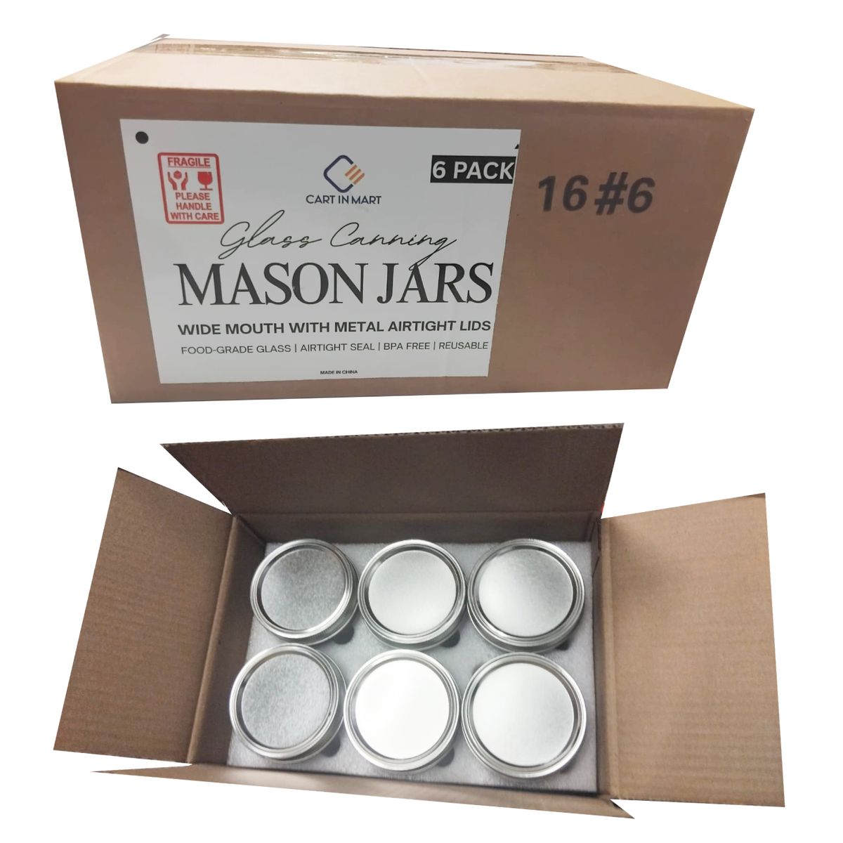 Cart In Mart 6 Pack Ball Wide Mouth Glass Mason Jars with Lids Canning Pickling Jam Jars
