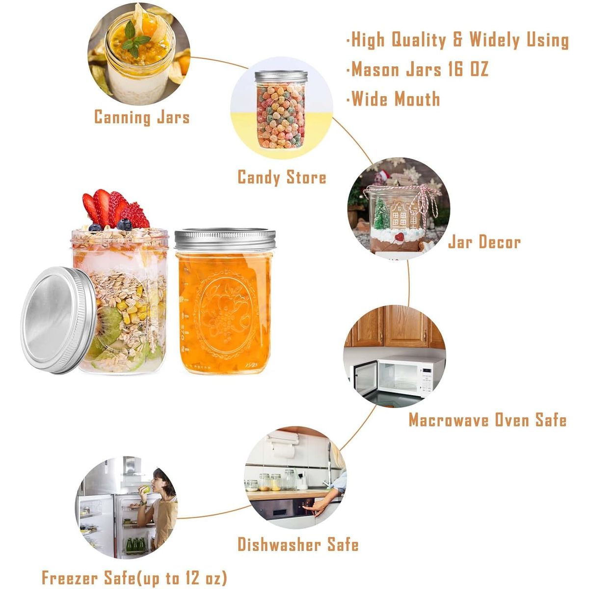 Cart In Mart 6 Pack Ball Wide Mouth Glass Mason Jars with Lids Canning Pickling Jam Jars