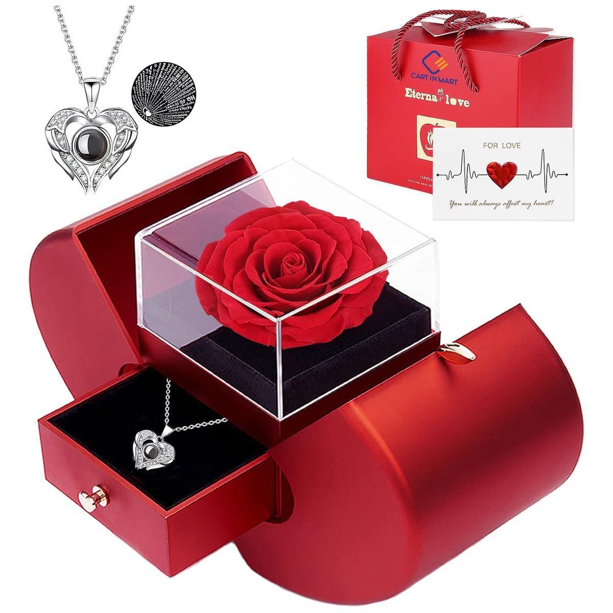 Cart In Mart Rose Gift Box with I Love You Necklace in 100 Languages Rose Jewelry Gift