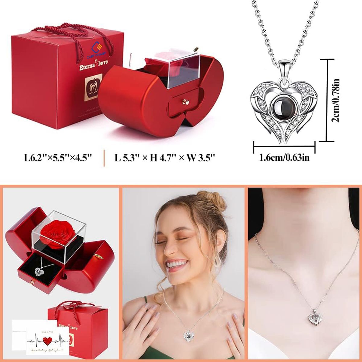 Cart In Mart Rose Gift Box with I Love You Necklace in 100 Languages Rose Jewelry Gift