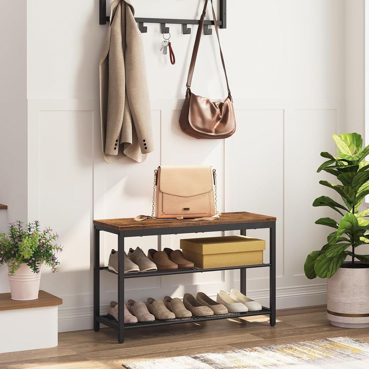 Cart In Mart 3-Tier Shoe Rack Bench Mesh Shelves Industrial Entryway Shoe Storage Bench