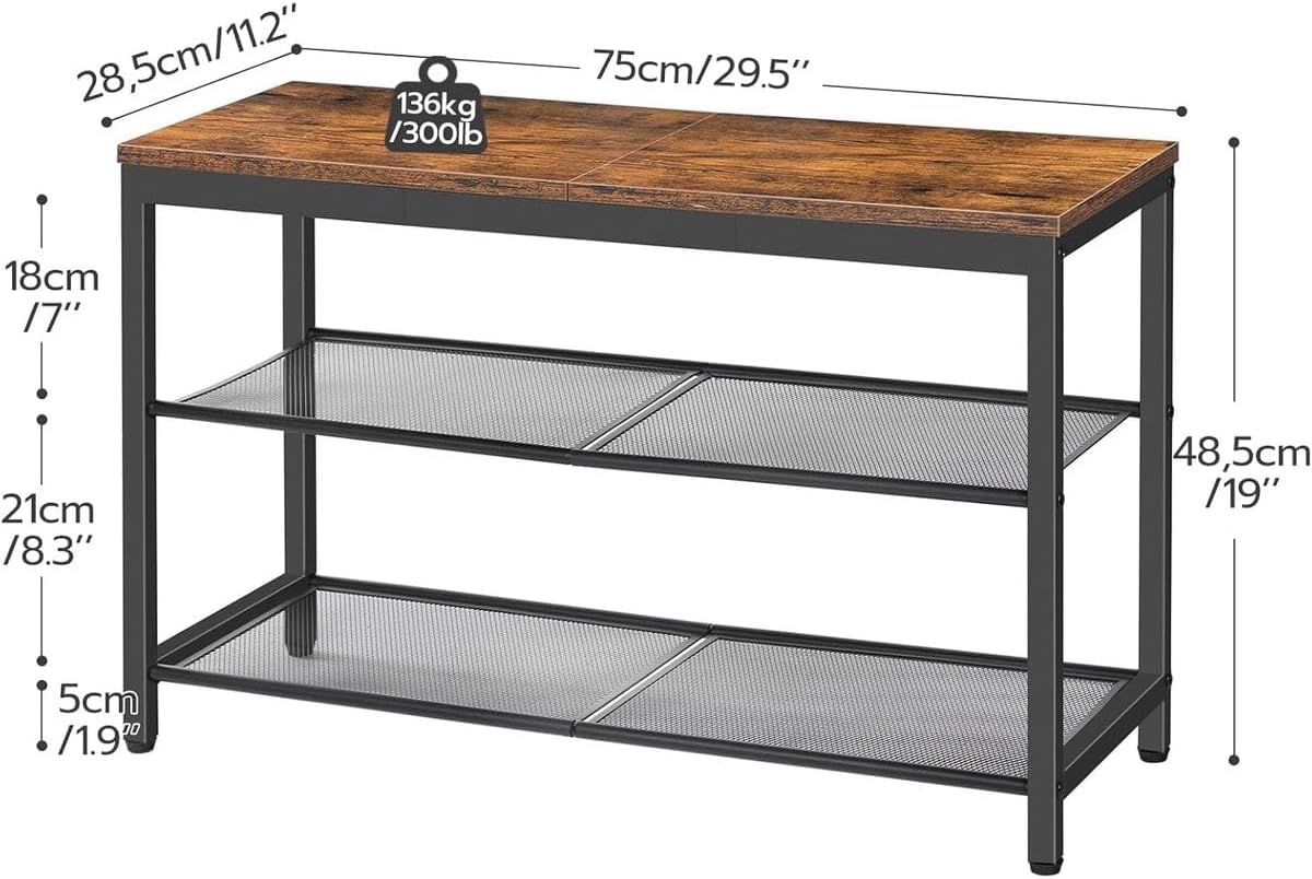 Cart In Mart 3-Tier Shoe Rack Bench Mesh Shelves Industrial Entryway Shoe Storage Bench
