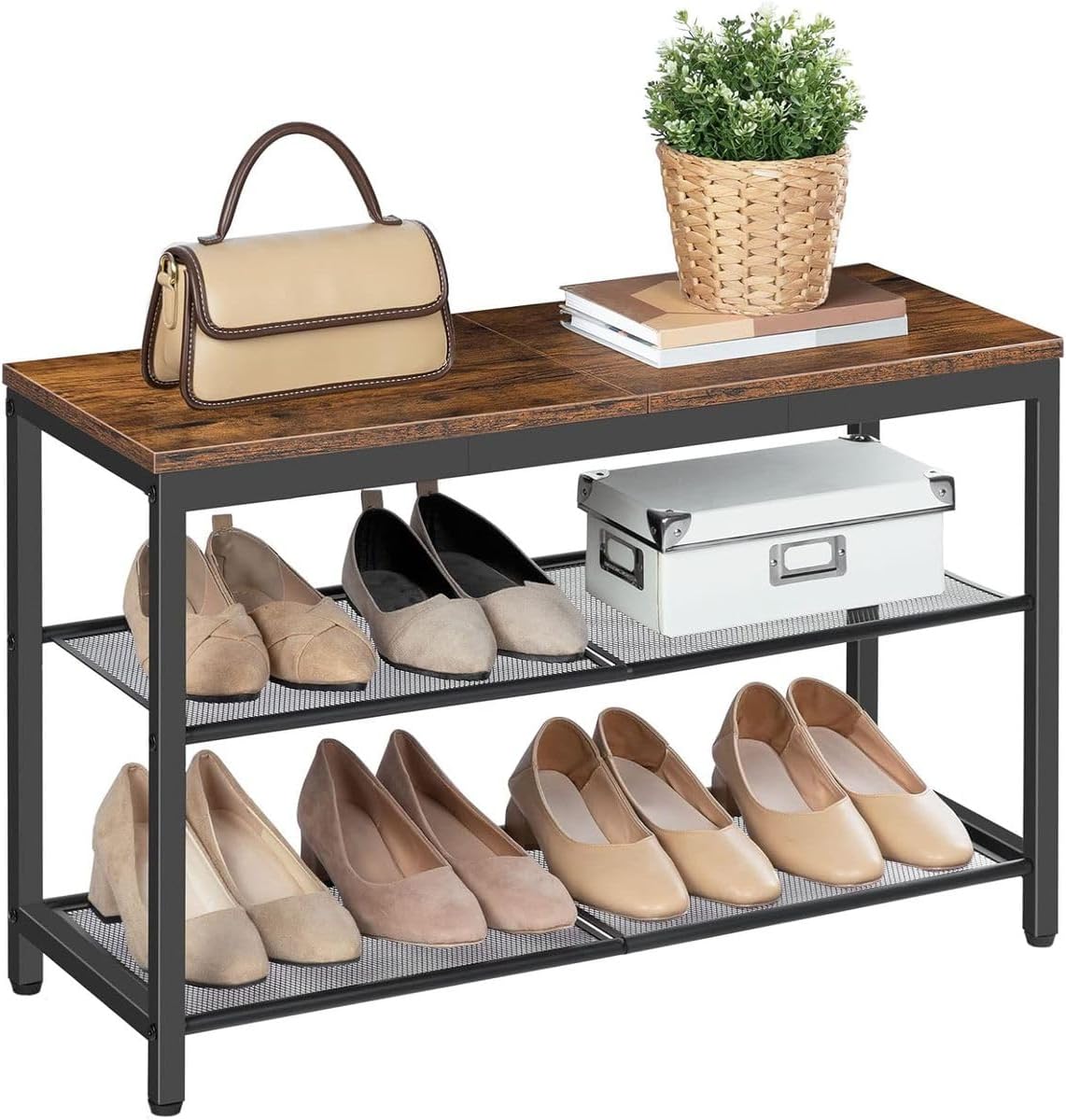 Cart In Mart 3-Tier Shoe Rack Bench Mesh Shelves Industrial Entryway Shoe Storage Bench