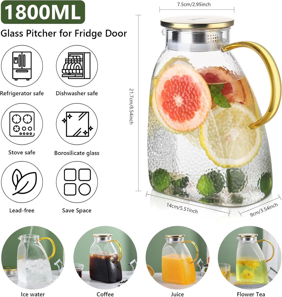 Cart In Mart Glass Pitcher with Lid Spout Heat-Resistant Glass Water Jug Hot Cold Drinks
