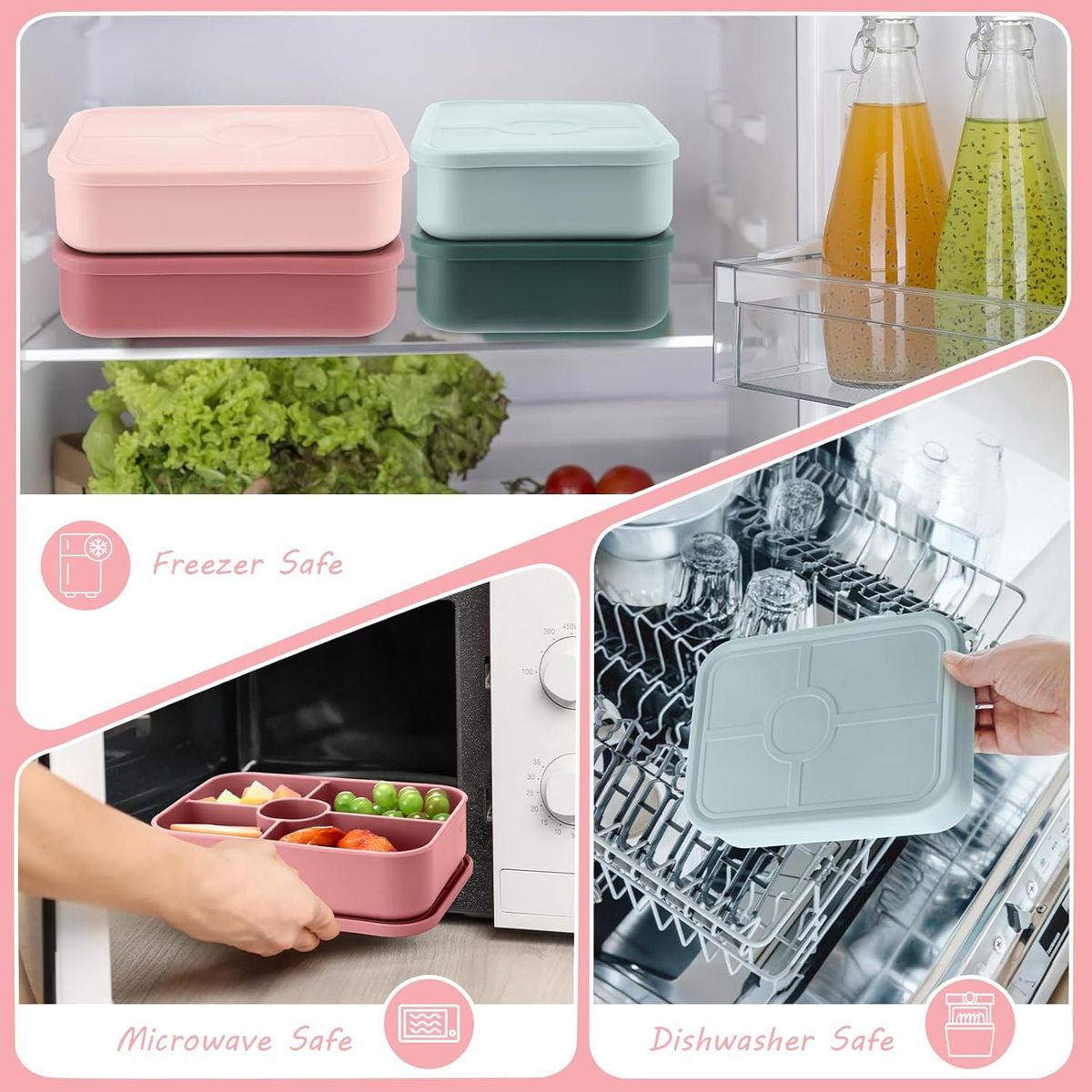 Cart In Mart Bento Lunch Box Reusable Leak-Proof Meal Prep Silicone Snack Container - Pink