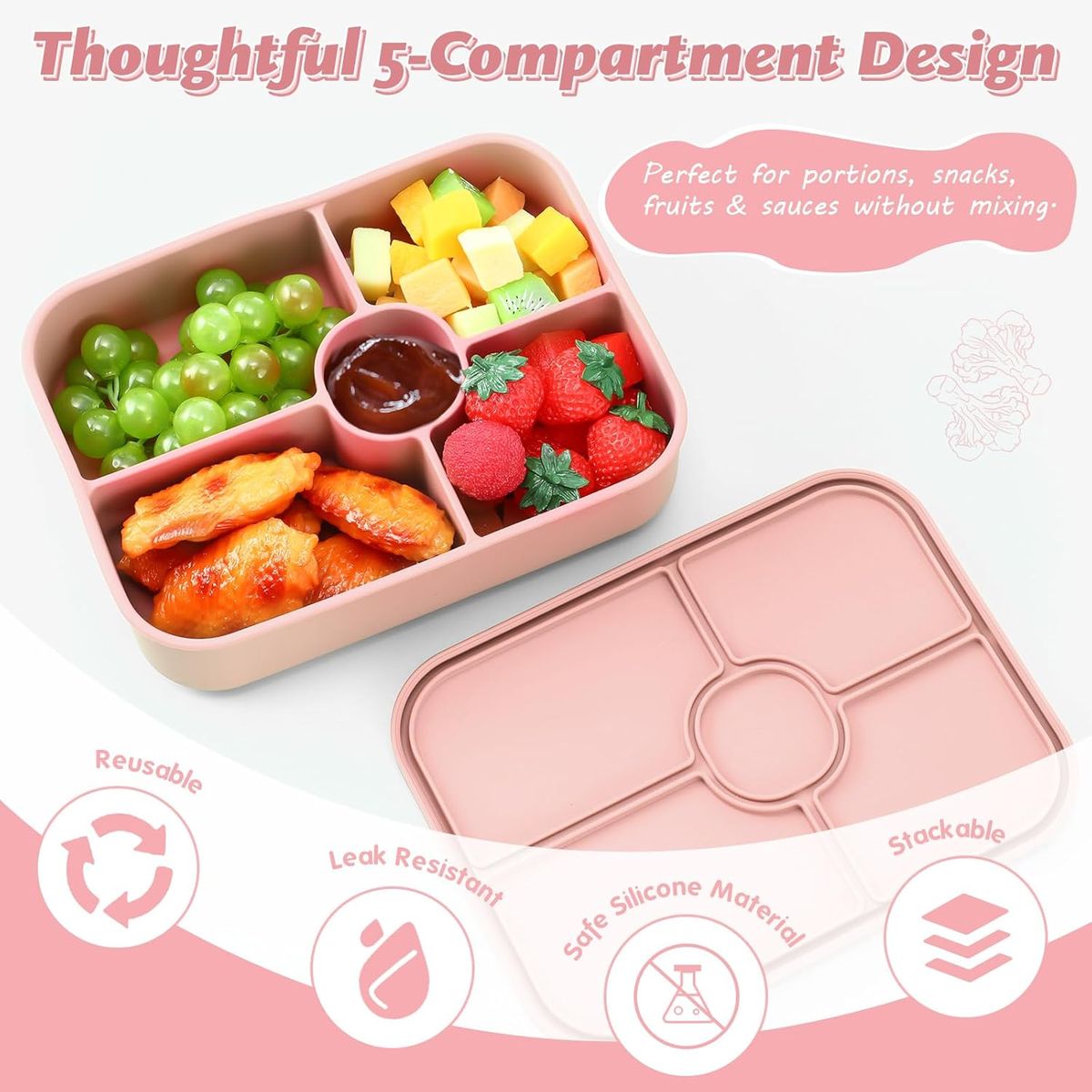 Cart In Mart Bento Lunch Box Reusable Leak-Proof Meal Prep Silicone Snack Container - Pink