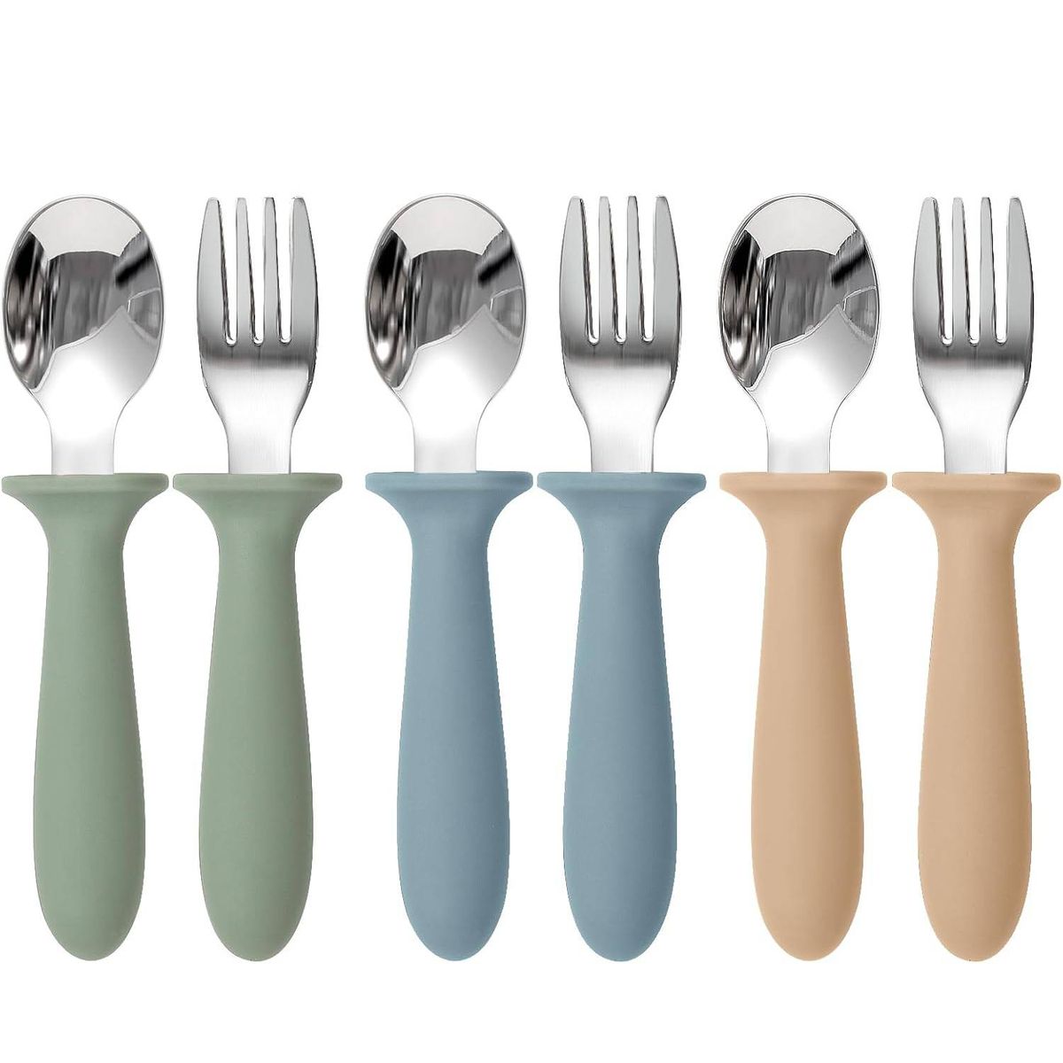 Cart In Mart 6 Pack Toddler Stainless Steel Fork & Spoon Set Silicone Handles Kids Safe