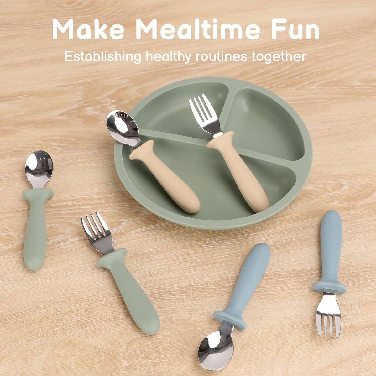 Cart In Mart 6 Pack Toddler Stainless Steel Fork & Spoon Set Silicone Handles Kids Safe