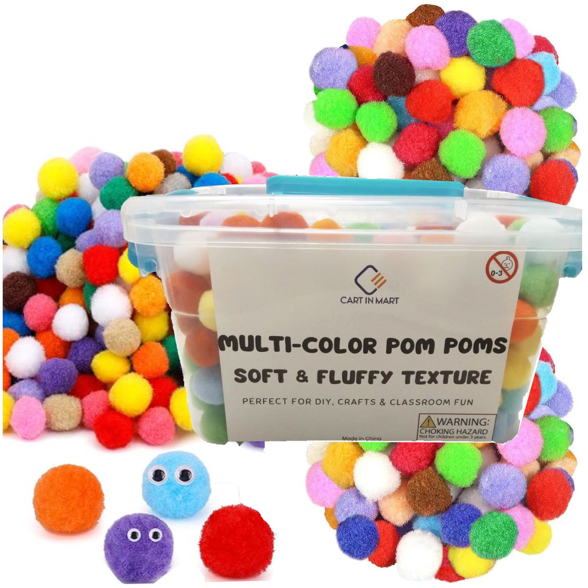 Cart In Mart 300 Assorted Craft Pom Poms 2.5cm Kids DIY Arts & Crafts Supplies Set