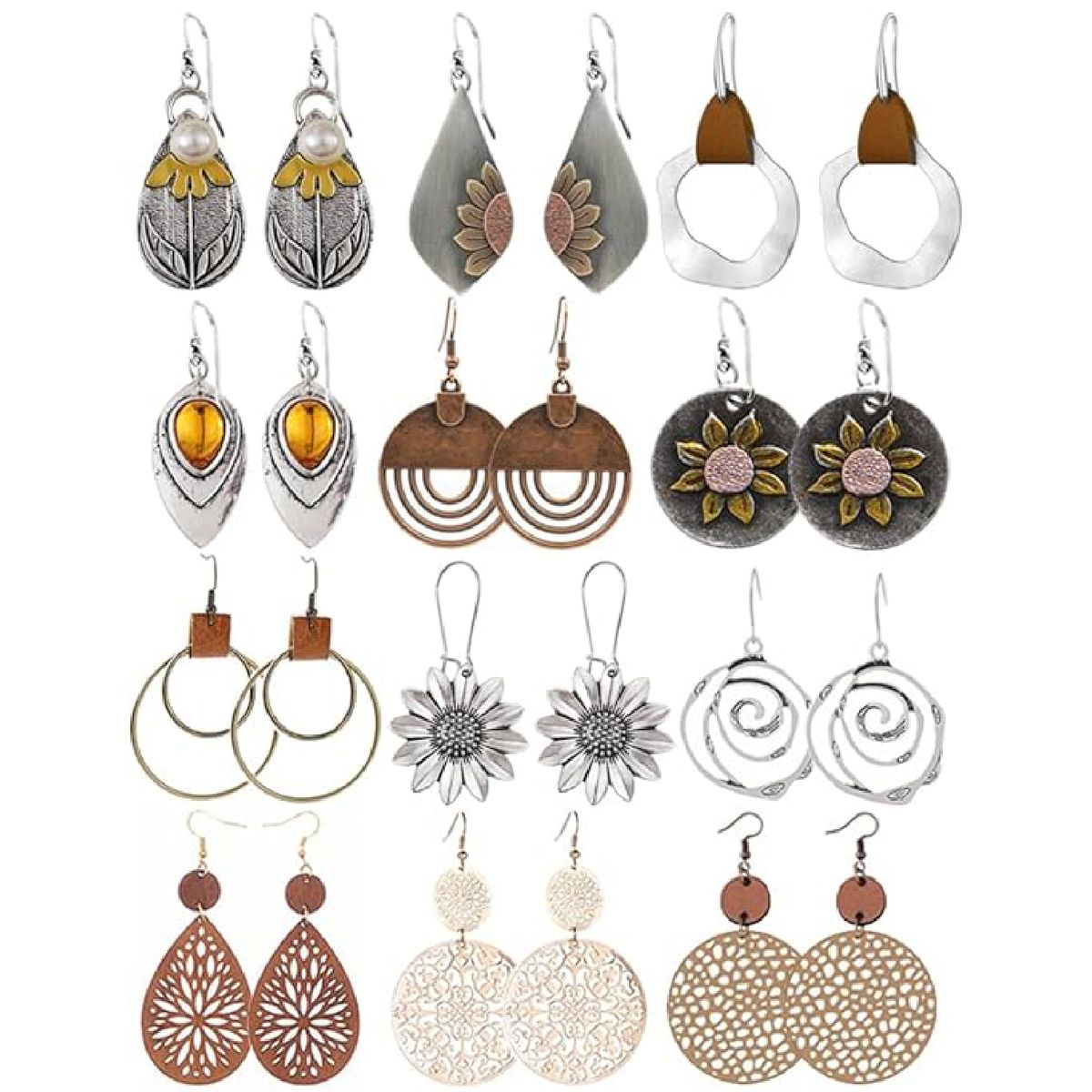 Cart In Mart 12 Pairs Boho Vintage Geometric Round Earrings Lightweight Fashion Jewelry