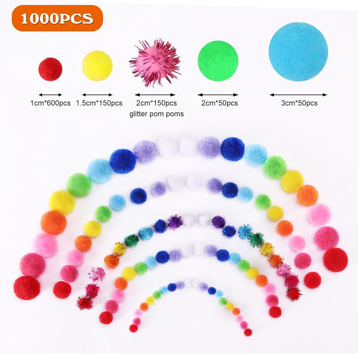 Cart In Mart 1000 Assorted Craft Pom Poms Kids Fluffy DIY Arts & Crafts Supplies Set