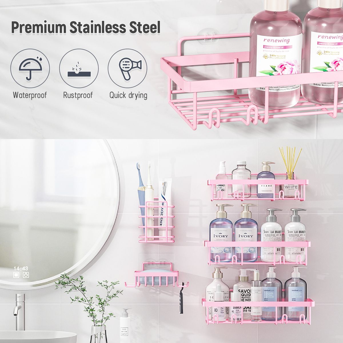 Cart In Mart 5 Pack Shower Caddy Organizer Rack Adhesive Bathroom Shelf Storage Rustproof
