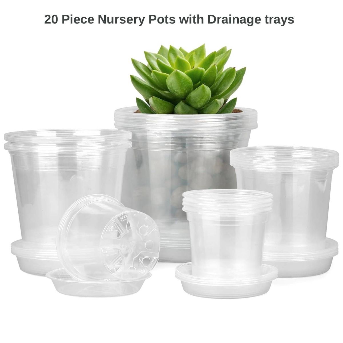 Cart In Mart 20 Pack Clear Nursery Plant Pots with Saucers Flower Pots Drainage Holes
