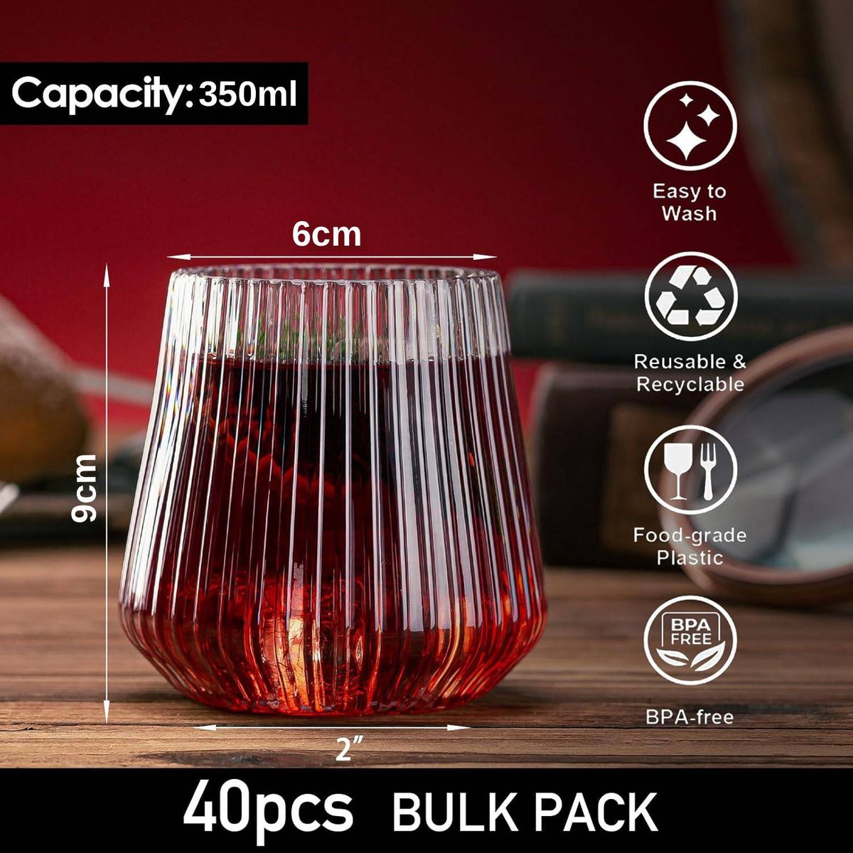 Cart In Mart 40 Pack Plastic Ribbed Wine Glasses 414ml Clear Stemless Wine Cups Reusable