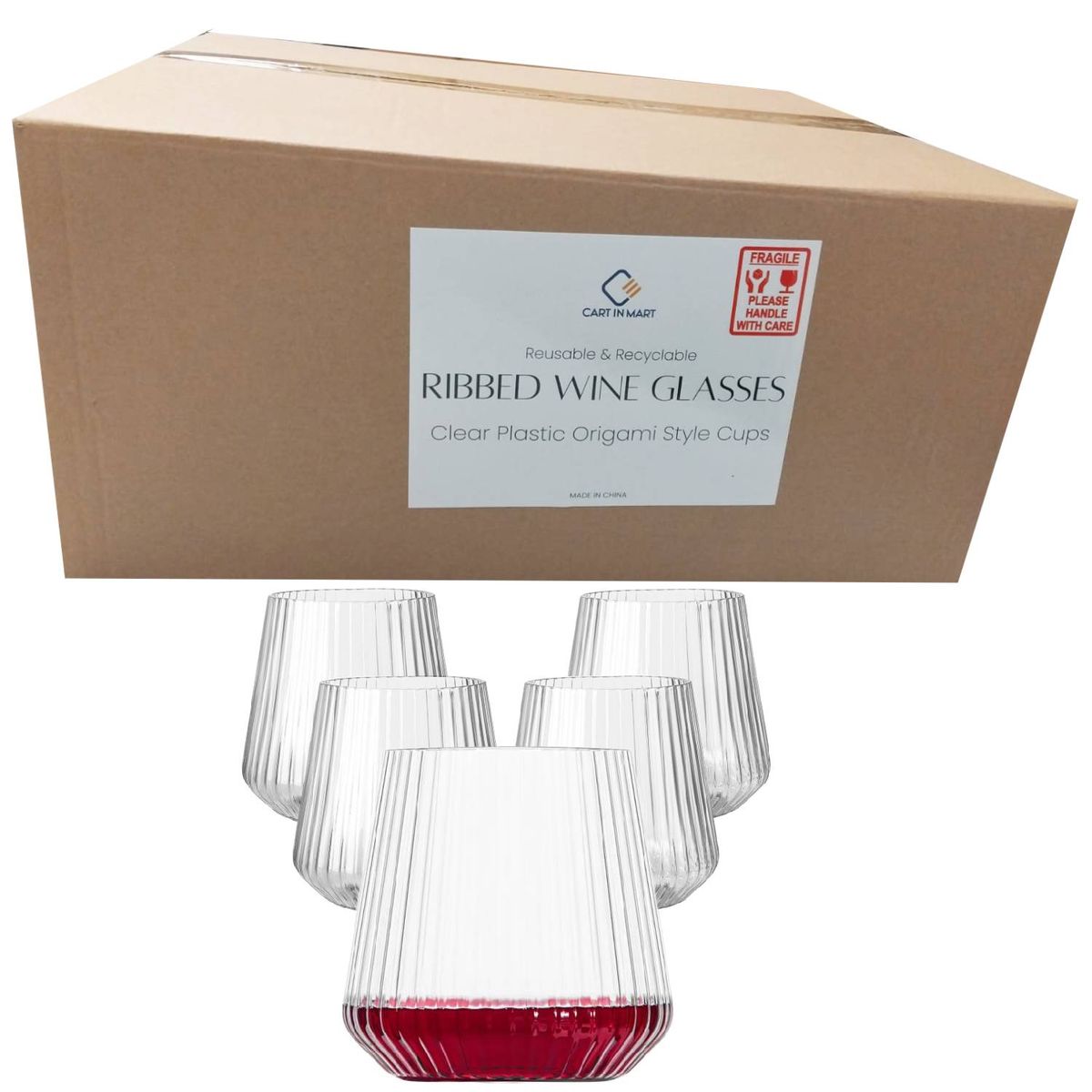 Cart In Mart 40 Pack Plastic Ribbed Wine Glasses 414ml Clear Stemless Wine Cups Reusable