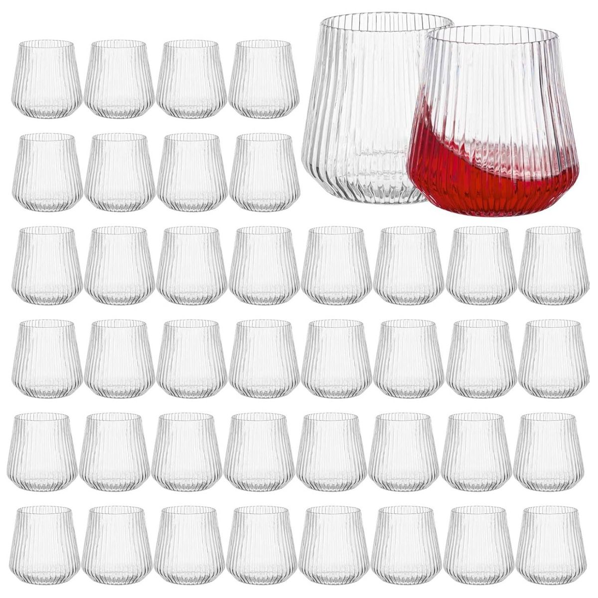 Cart In Mart 40 Pack Plastic Ribbed Wine Glasses 414ml Clear Stemless Wine Cups Reusable