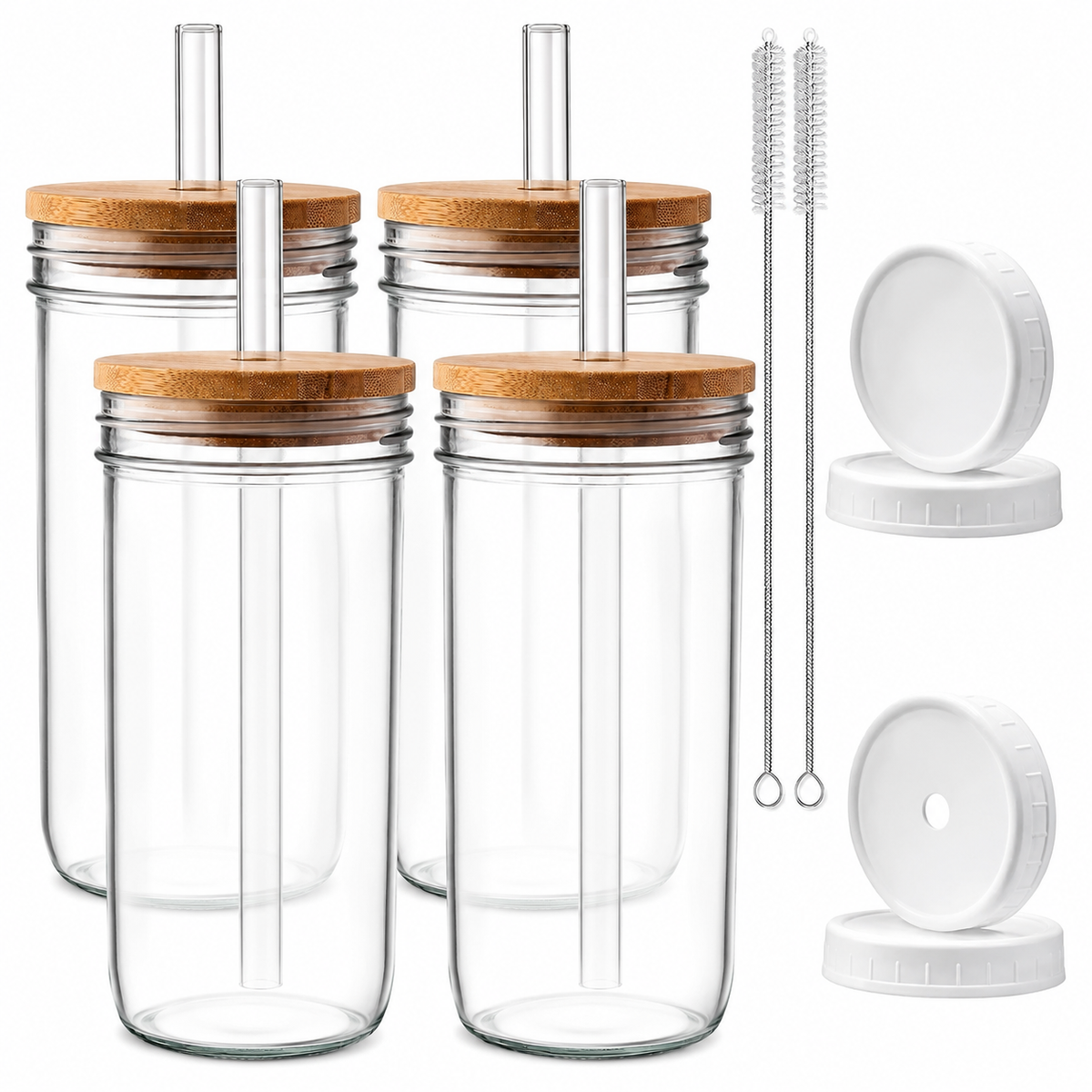 Cart In Mart 4 Pack Glass Cups & Lids Straws 710ml Wide Mouth Mason Jar Drinking Glasses
