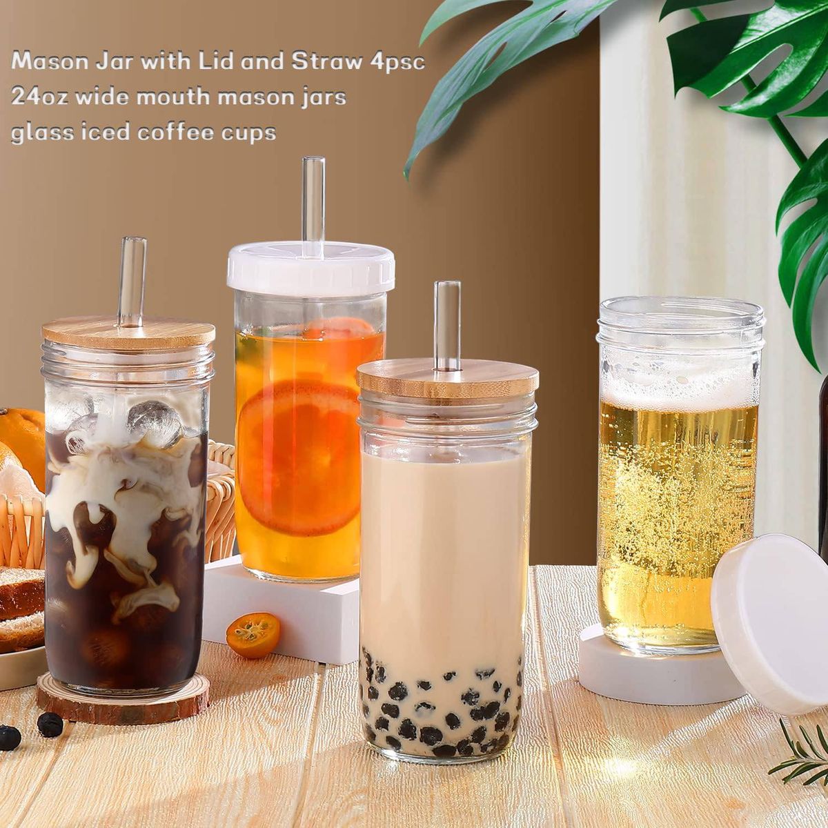 Cart In Mart 4 Pack Glass Cups & Lids Straws 710ml Wide Mouth Mason Jar Drinking Glasses