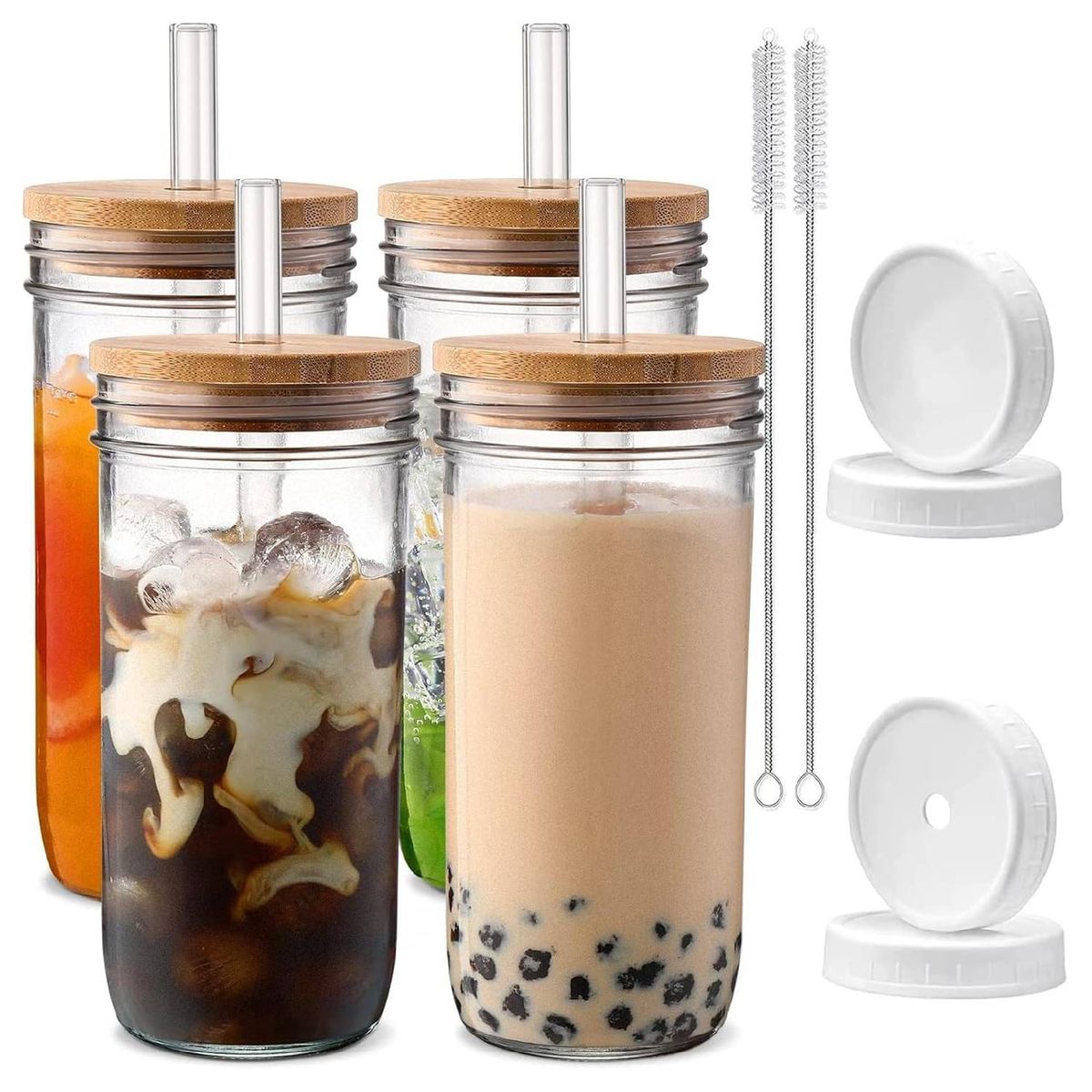 Cart In Mart 4 Pack Glass Cups & Lids Straws 710ml Wide Mouth Mason Jar Drinking Glasses
