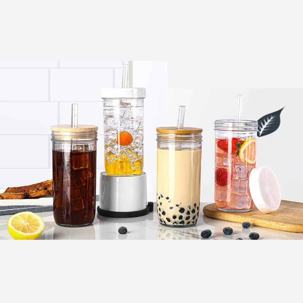 Cart In Mart 4 Pack Glass Cups & Lids Straws 710ml Wide Mouth Mason Jar Drinking Glasses