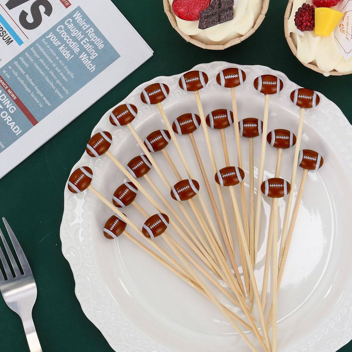 Cart In Mart 100 PieceFootball Cocktail Picks 12cm Bamboo Appetizer Toothpick Decorative