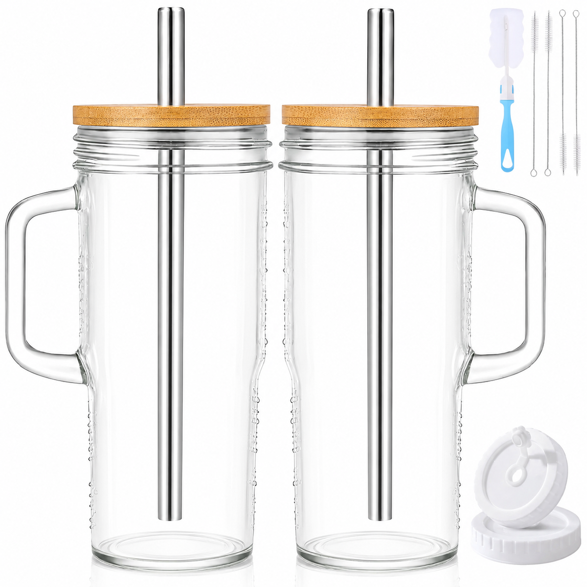 Cart In Mart 2 Pack Glass Tumbler with Handle Lid & Stainless Steel Straw Reusable Cups