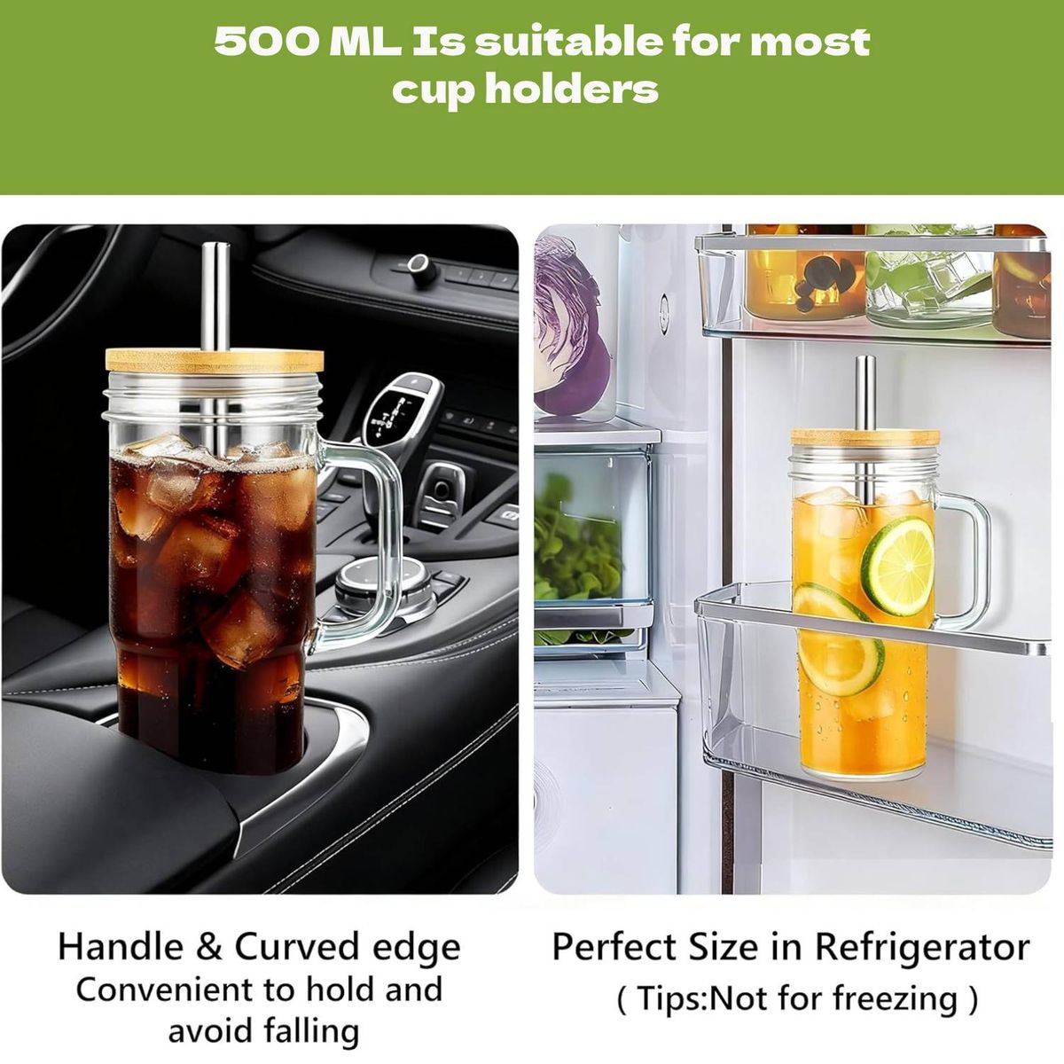 Cart In Mart 2 Pack Glass Tumbler with Handle Lid & Stainless Steel Straw Reusable Cups